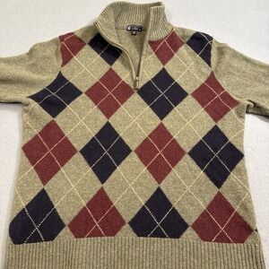 SWEATER LAMBSWOOL MENS MEDIUM J Crew 1/4 Zip  Blue‎ Green Argyle Mock Neck Tweed